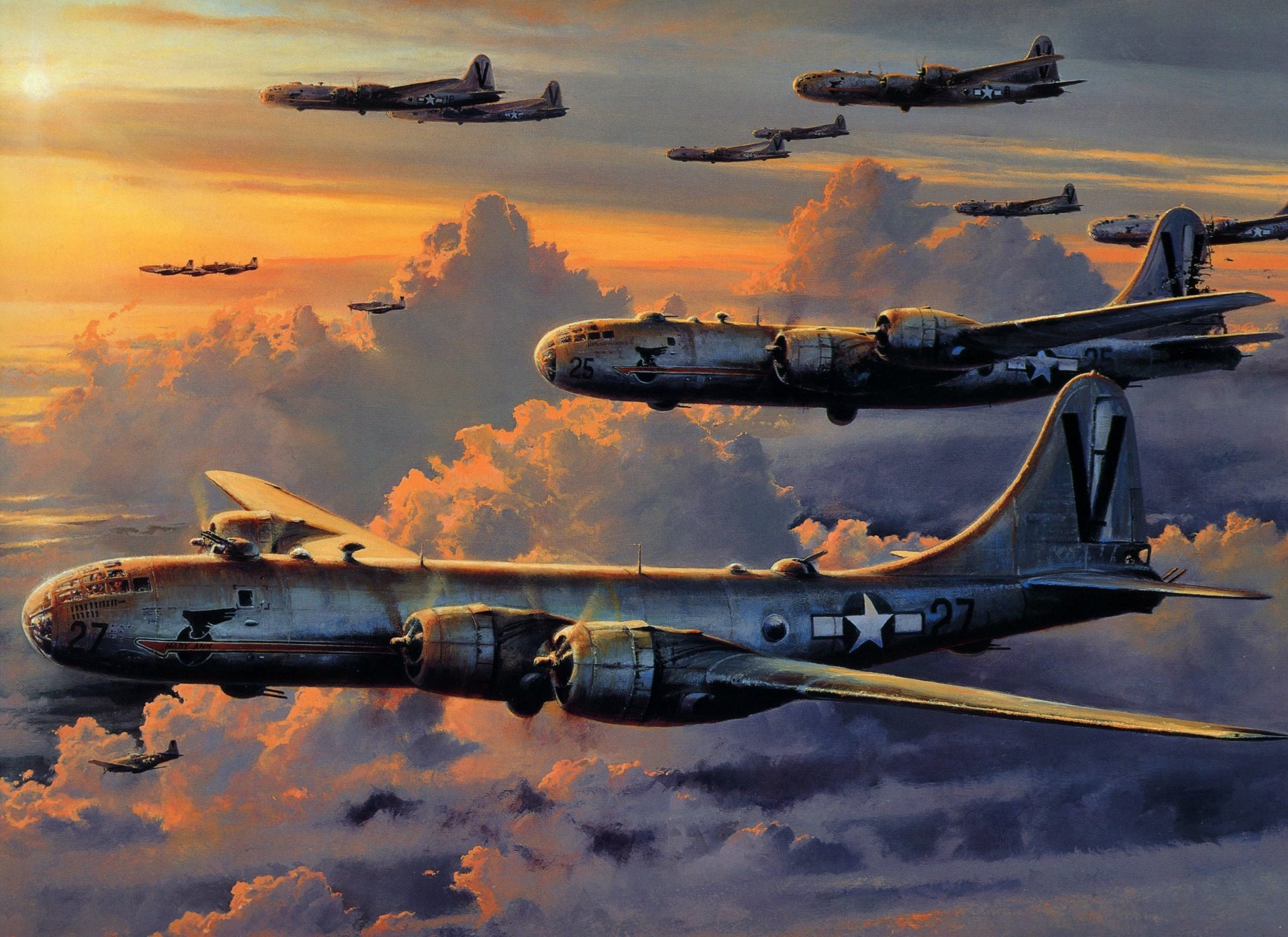 cielo nuvole americano strategico bombardieri boeing b-29 superfortress seconda guerra mondiale disegno