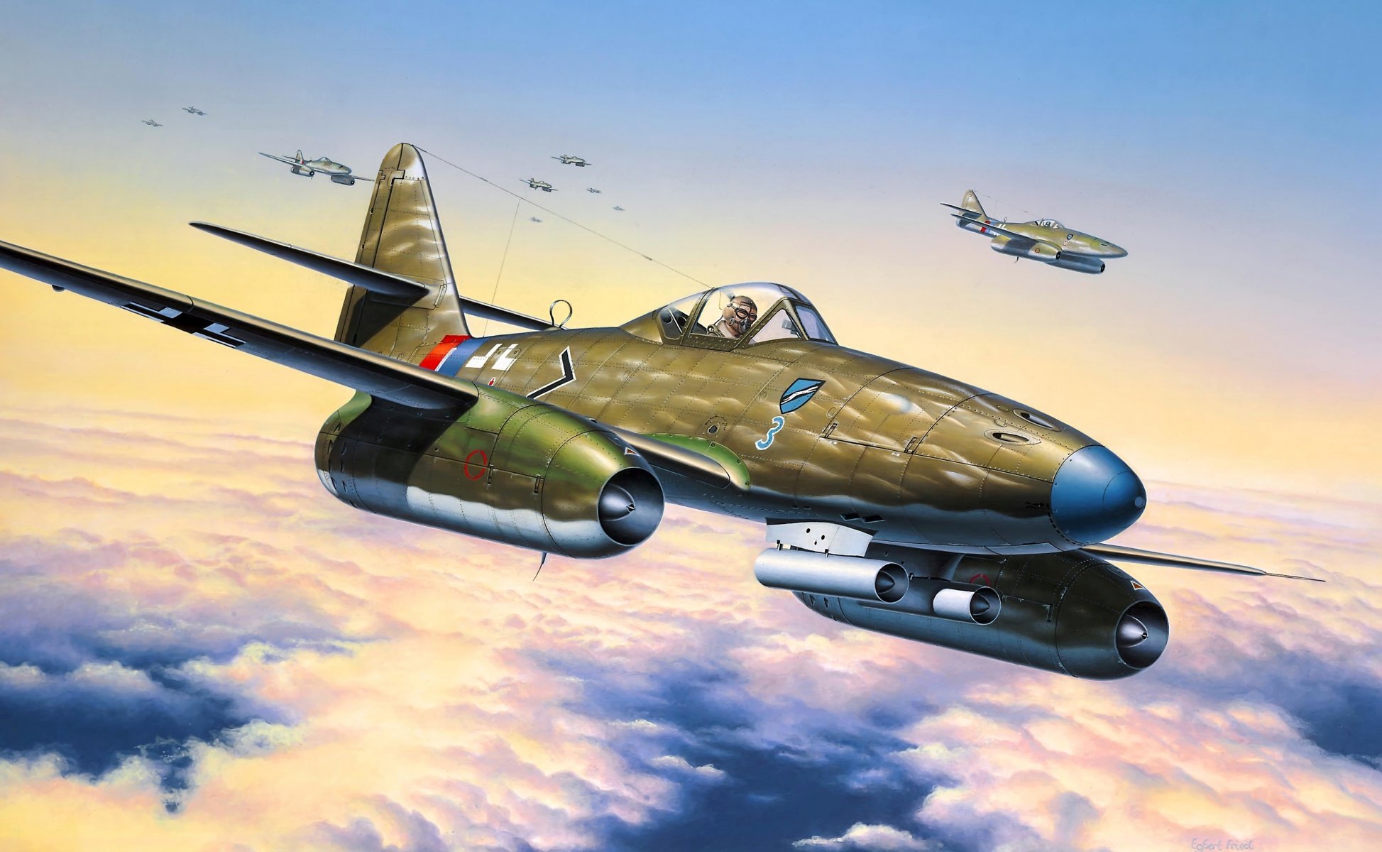 arte cielo me 262 a-1a tedesco caccia a reazione seconda guerra mondiale disegno