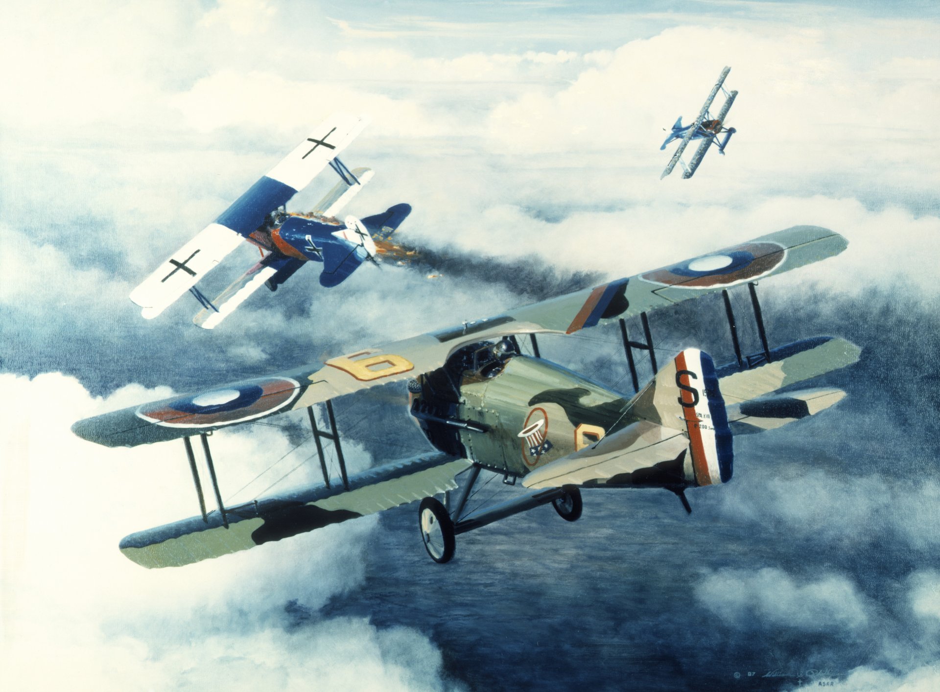 art front zachodni francja 22 października 1918 niebo walka powietrzna spad-vll francuskie jednomiejscowe dwupłatowe myśliwce fokker d.vii niemiecki dwupłatowy myśliwiec ww2 rysunek