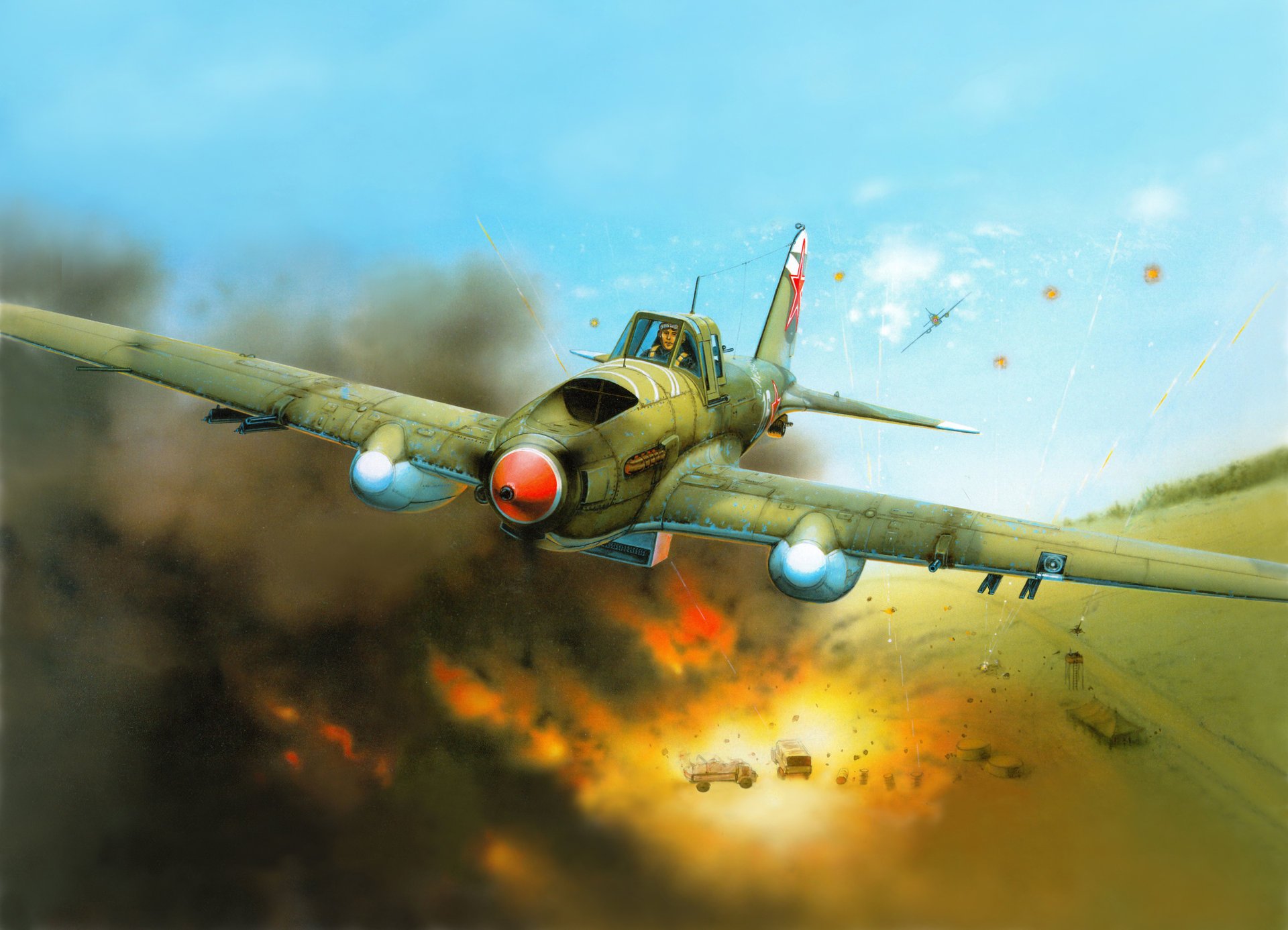 art avion il-2m soviétique avion d attaque attaque colonne allemand véhicules blindés explosions feu fumée seconde guerre mondiale dessin