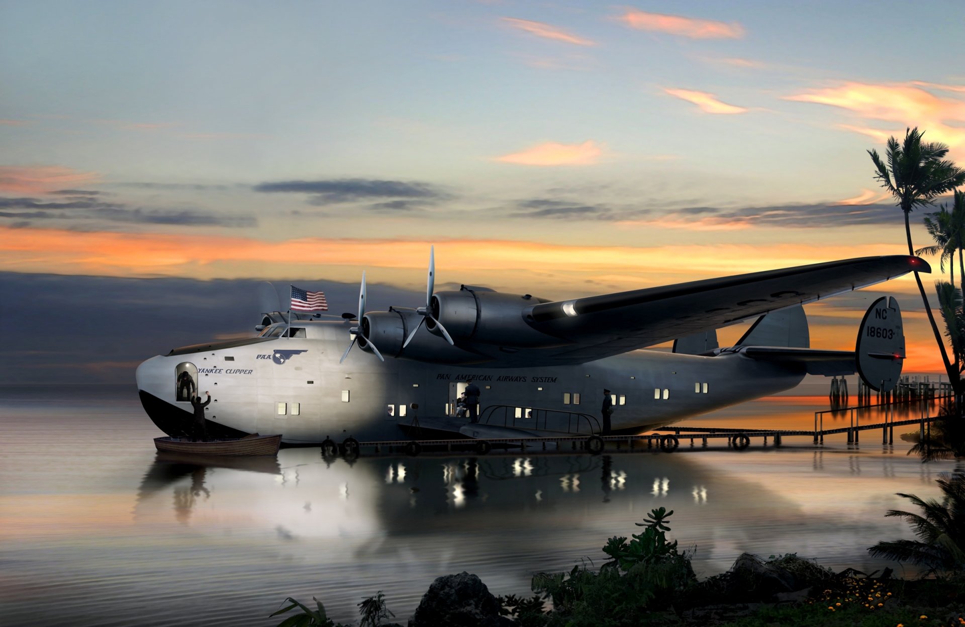 kunst wasser bucht amerikanisch wasserflugzeug konsolidiert pb2y coronado fliegen boot einplane bedienungspersonal flugvorbereitung ww2 zeichnung