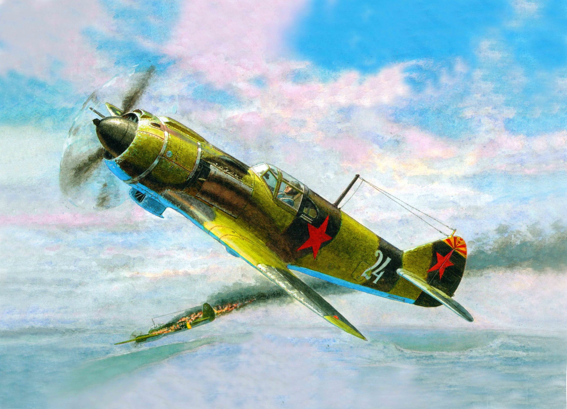 picture sky air fight la-5 soviet fighter shot down german bomber s-88 the great patriotic war