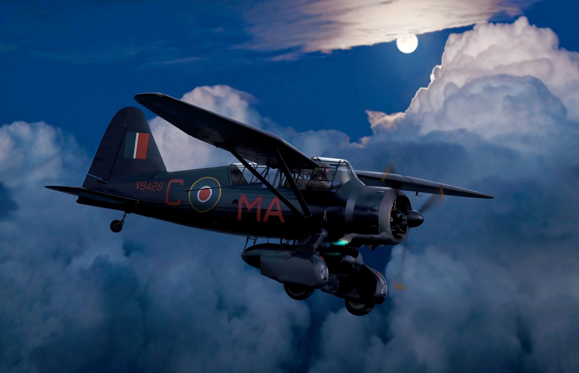 kunst nacht himmel flugzeug lusander lysander britisch mehrzweck scout/ nachtbomber wolken mond ww2 zeichnung