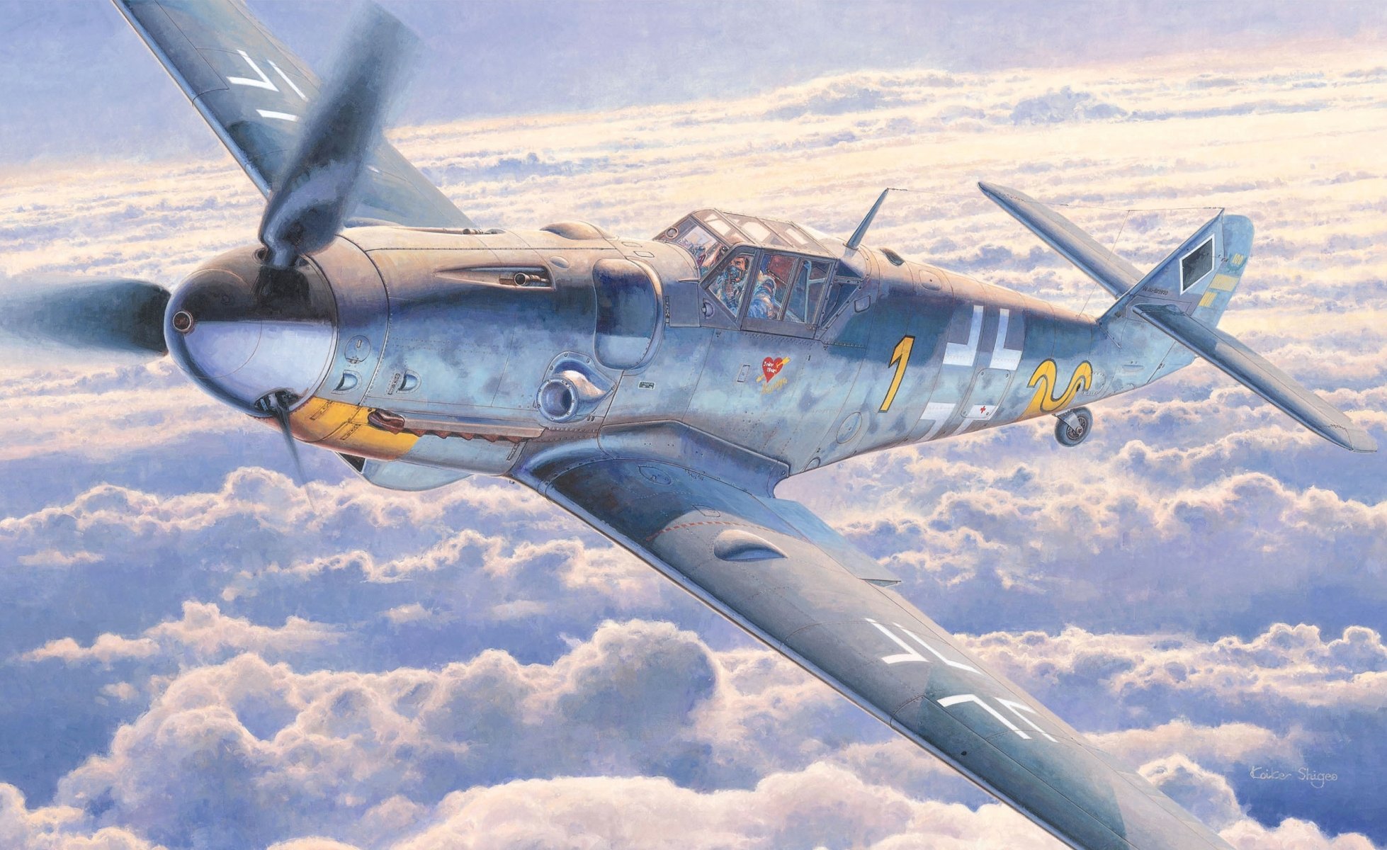 art ciel nuages allemand monomoteur piston chasseur messerschmitt bf-109 g-6 avion eric alfred hartmann ww2 dessin