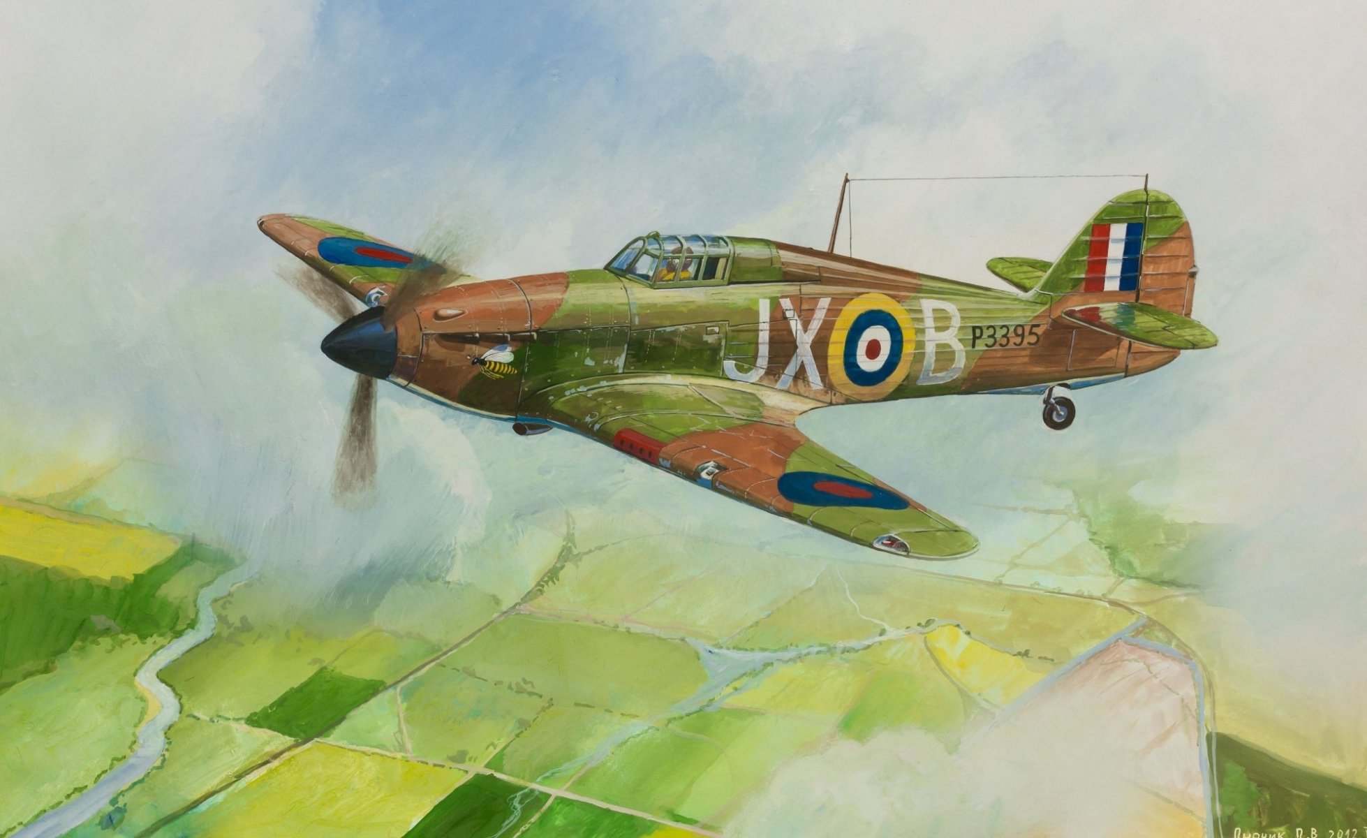 art sky clouds plane hurricane mk-1 uk fighter-interceptor patrol land of the field ww2 picture