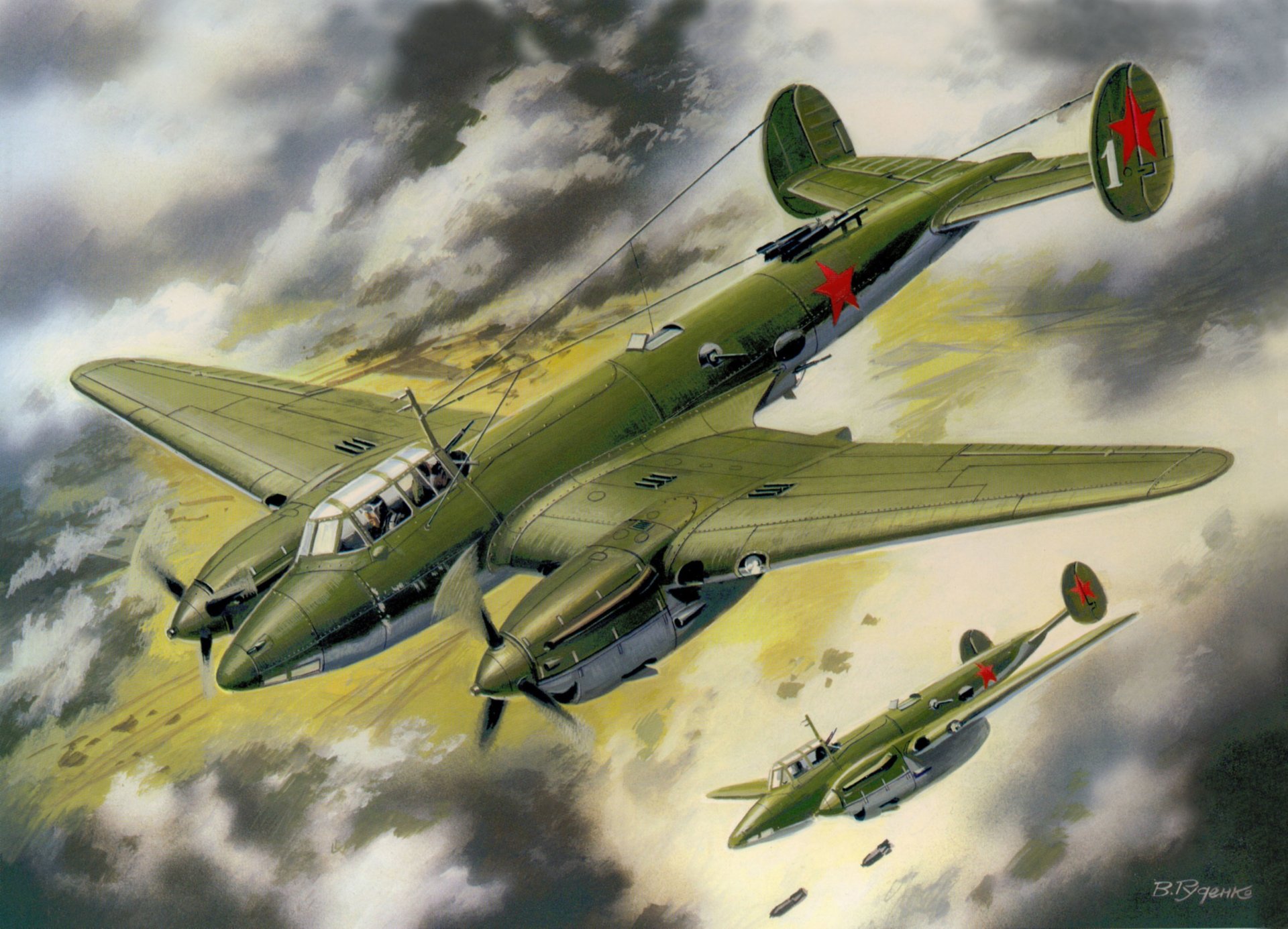 arte cielo pe-2 sovietico in picchiata bombardieri bombardamento seconda guerra mondiale disegno