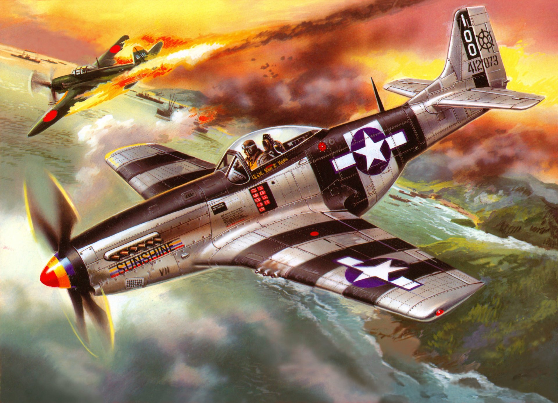 arte cielo p-51k americano luchador derribado japonés avión agua bahía barcos ww2 figura