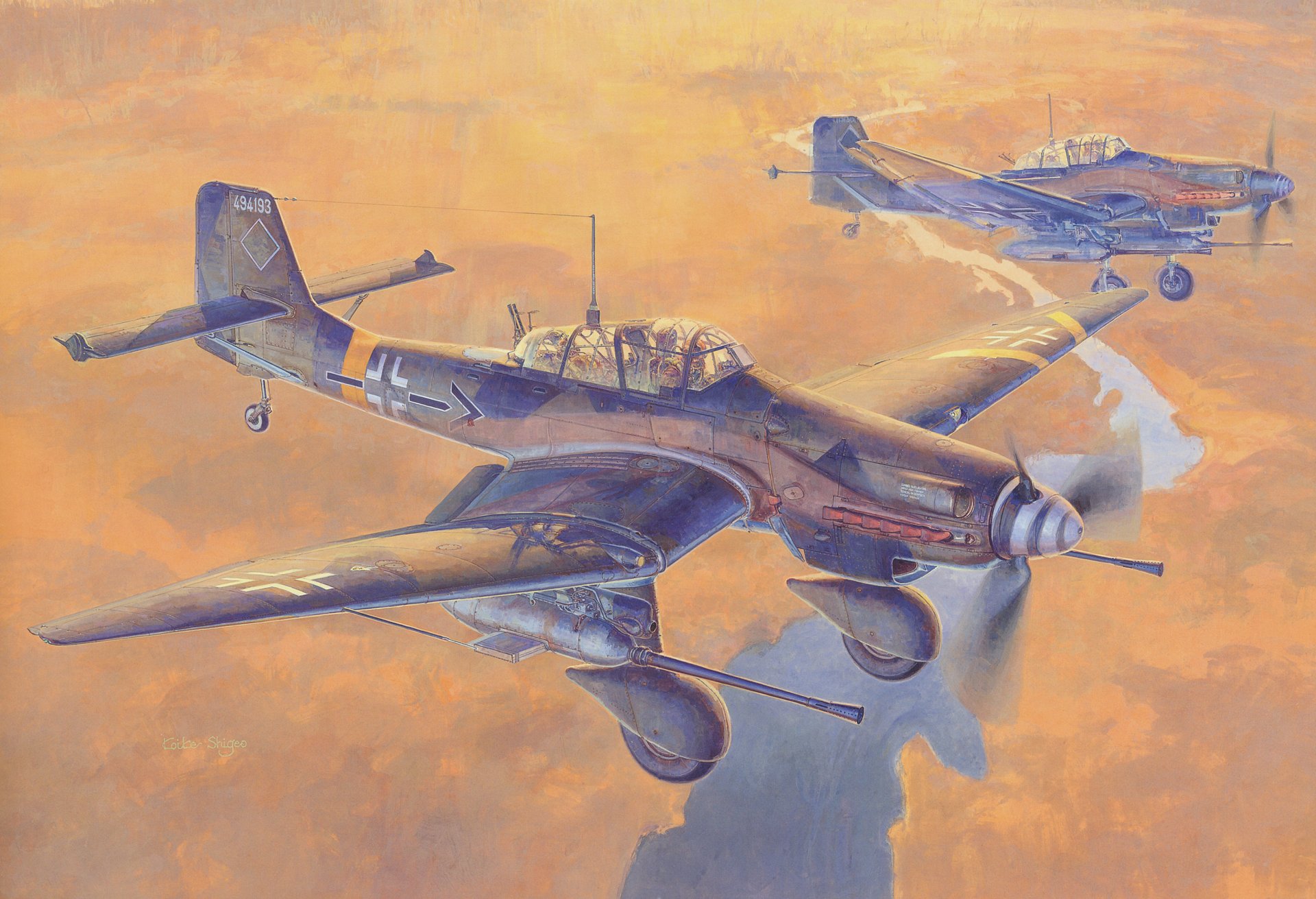 art ciel junkers yu. 87 g allemand monomoteur double piqué bombardiers avec 37-mm canons bk 37 terre rivière ww2 dessin