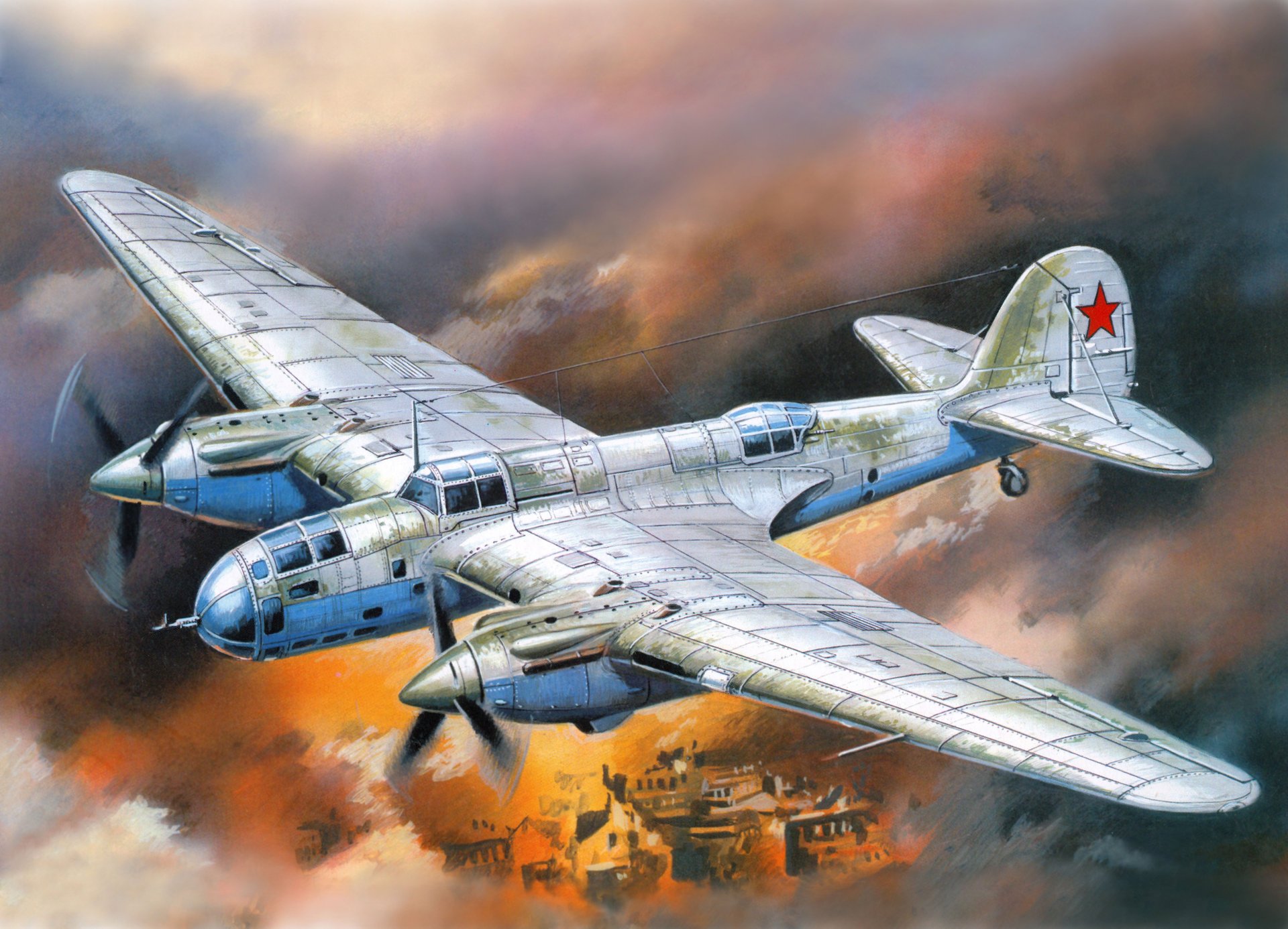 art sky ar-2 soviet twin-engine diving bomber town flame smoke bob picture