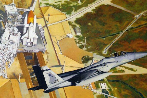 Zniszczyć F-15 Eagle przelatuje nad wyrzutnią promu kosmicznego. Rysunek na pulpicie