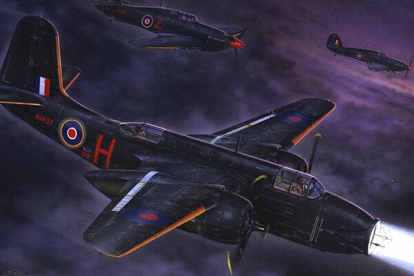 Рисунок бомбардировщик и истребитель в ночи