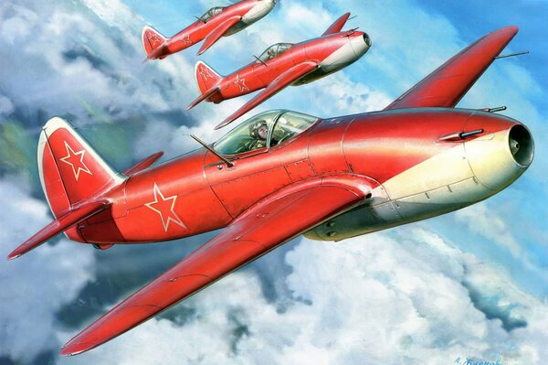 Hermoso dibujo YAK-15 en las nubes en el Escritorio