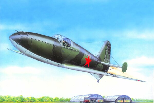 Disegno artistico di un aereo sovietico Bi - 1 che decolla nel cielo