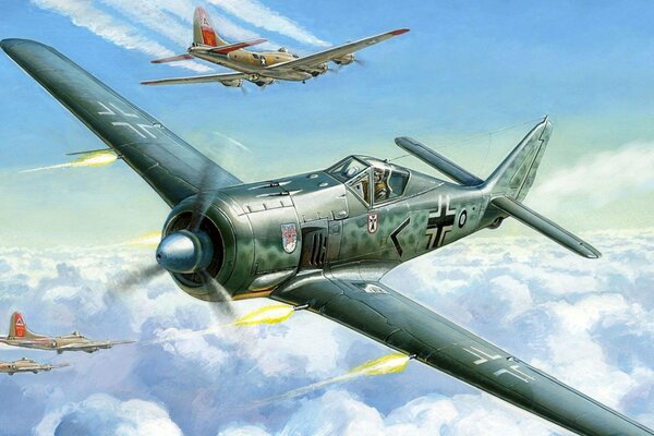 Bataille sur les nuages entre l allemand fa-190 a-4 et Boeing b-17 surnommé Flying Fortress .