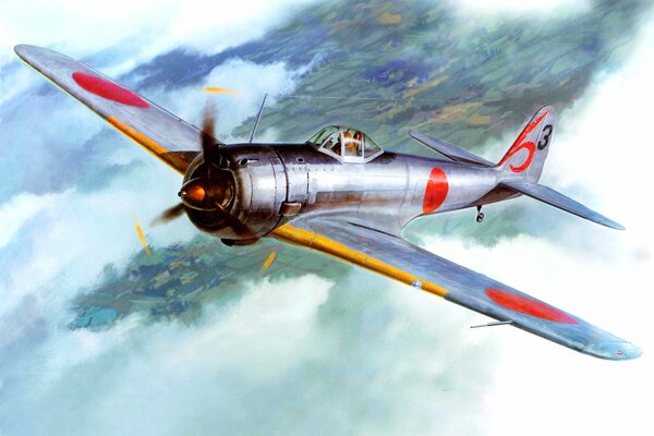 Drawing of a Japanese Ki-43 fighter in the sky