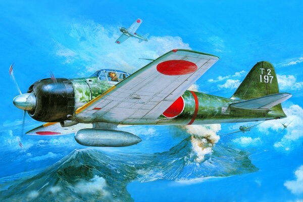 Abbildung eines japanischen Flugzeugs in den Himmel über den Bergen