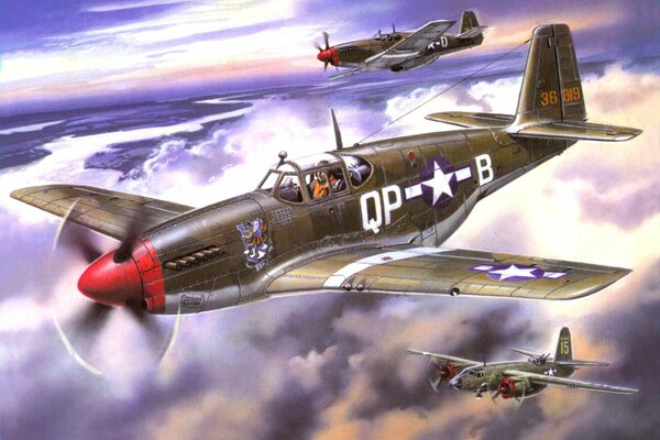 Art American light mustangs A-20 are flying in the sky