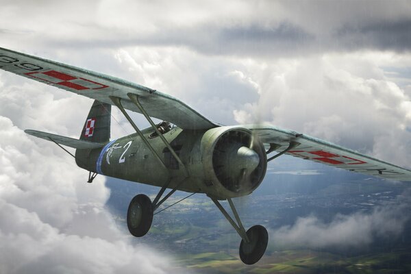 Dibujo de un luchador monomotor Polaco ww2 en el cielo