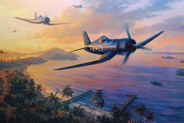 Painting, the silence of the picturesque lagoon is broken by American f4u corsair aircraft. The Pacific War. in