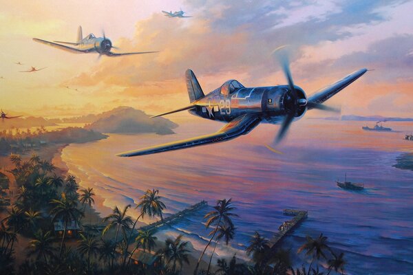 La pintura, el silencio de la pintoresca laguna es interrumpido por los aviones estadounidenses F4U corsair. Guerra del Pacífico. a