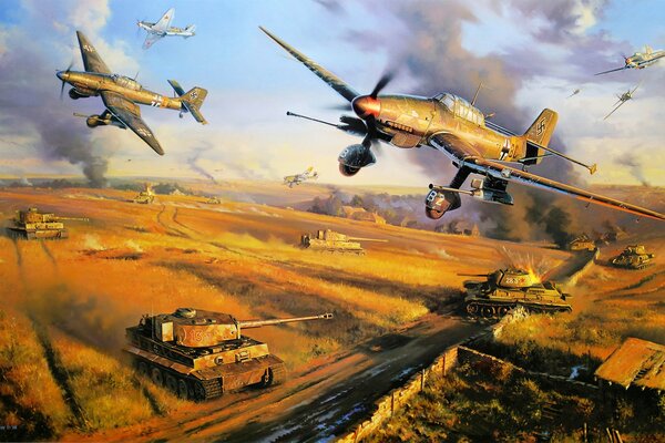 Military painting depicting the ground battle of tanks and air planes