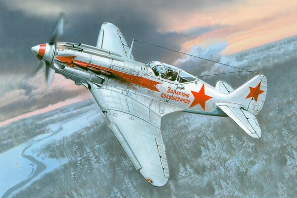 Soviet high-altitude Mig-3 fighter against the background of a winter forest
