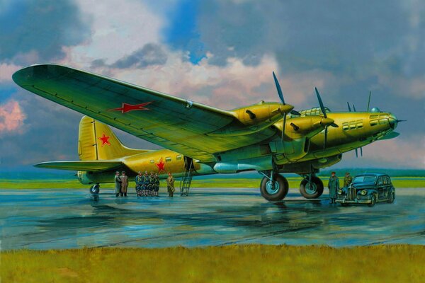 Bombardero soviético de cuatro motores en el aeródromo