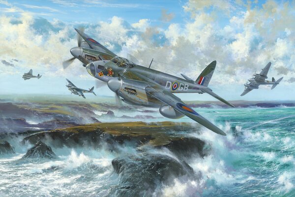 Combattente britannico e aerei vicino al mare