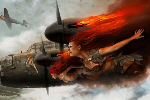 Art of a British bomber with fiery girls
