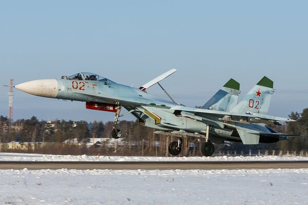 A fighter jet on the winter runway