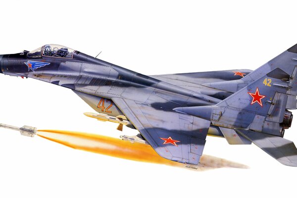 Disegno di un aereo da caccia MiG-29 in volo, URSS