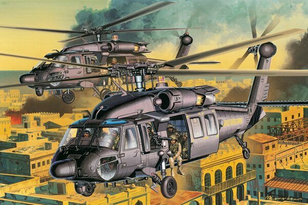 Hélicoptères d attaque américains avec des soldats des forces spéciales au-dessus de la ville