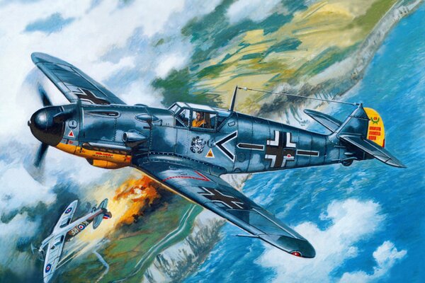 Bild Ein deutscher Messerschmitt-Kampfjet schlägt ein britisches Spitfire in den Himmel