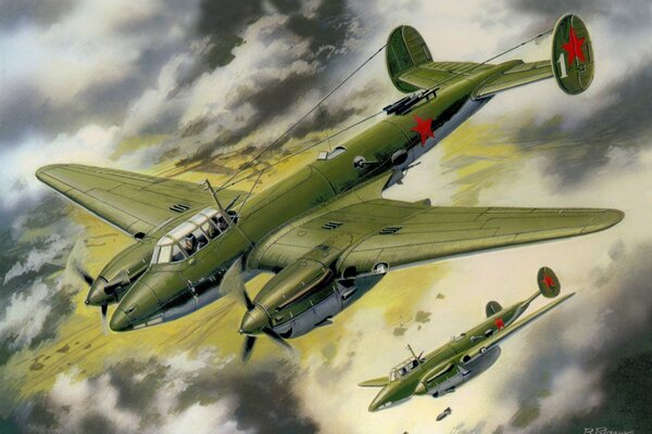 Disegno raffigurante aerei sovietici che lanciano bombe