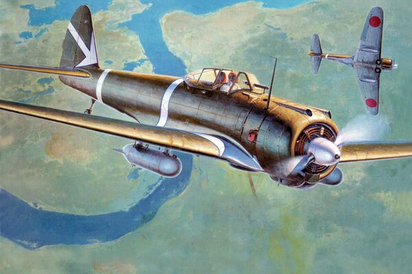 Drawing of a Japanese Ki-43 fighter in the sky