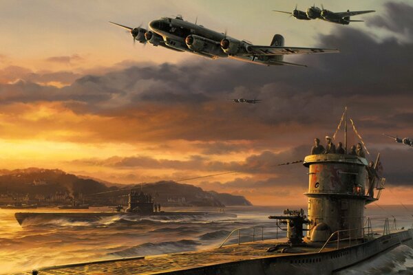 Belle Arti, Pittura, mischia di Junkers tedeschi con sottomarini