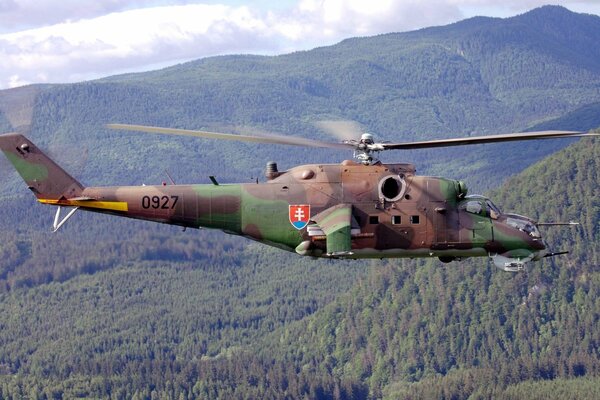 Elicottero da trasporto e combattimento Mi-24 che sorvola gli alberi