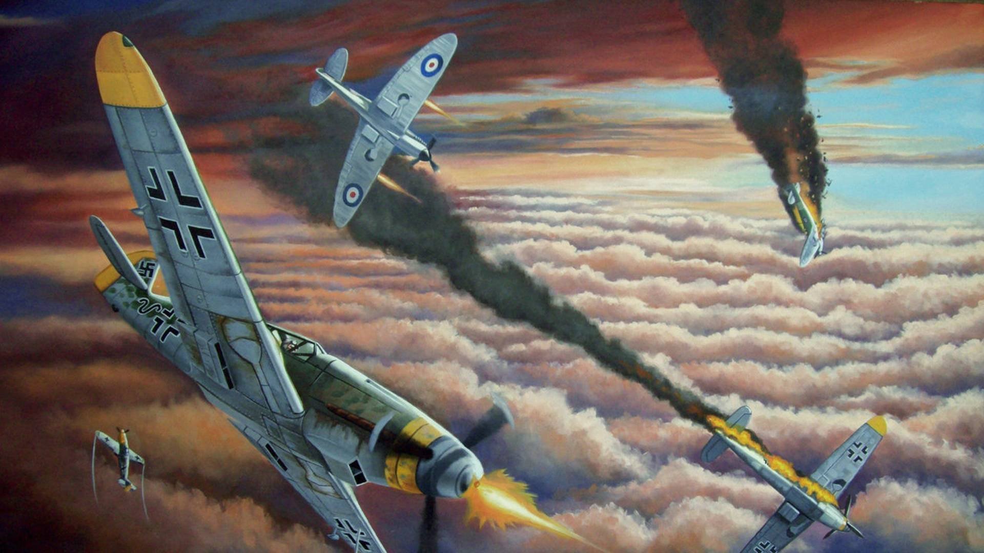 supermarine spitfire bf-109 messer abbattere lotta fumo disegno di arte nuvole