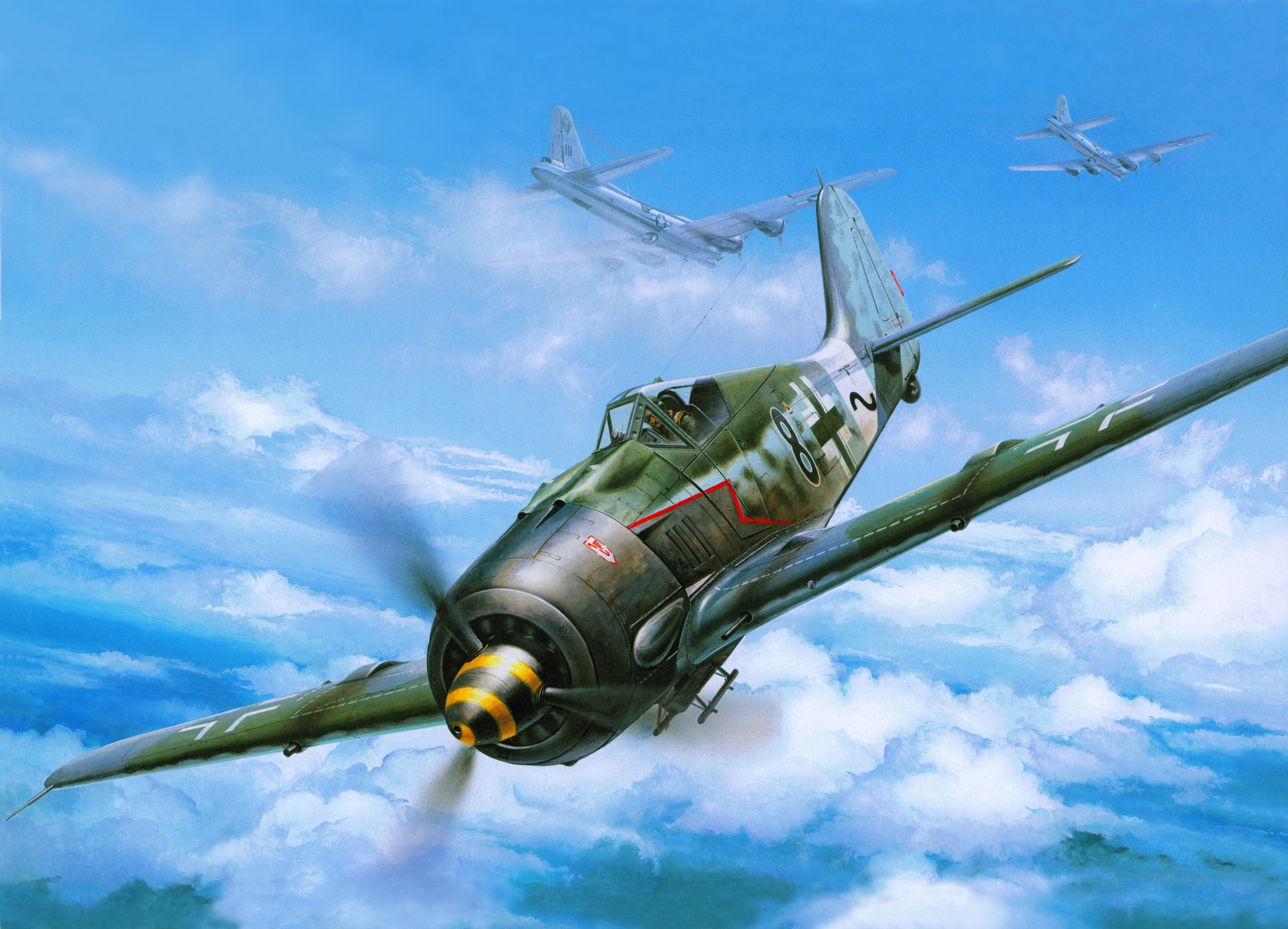 himmel wolken krieg focke-wolf fw 190a deutsch kampfjet angriff b-17 amerikanisch bomber