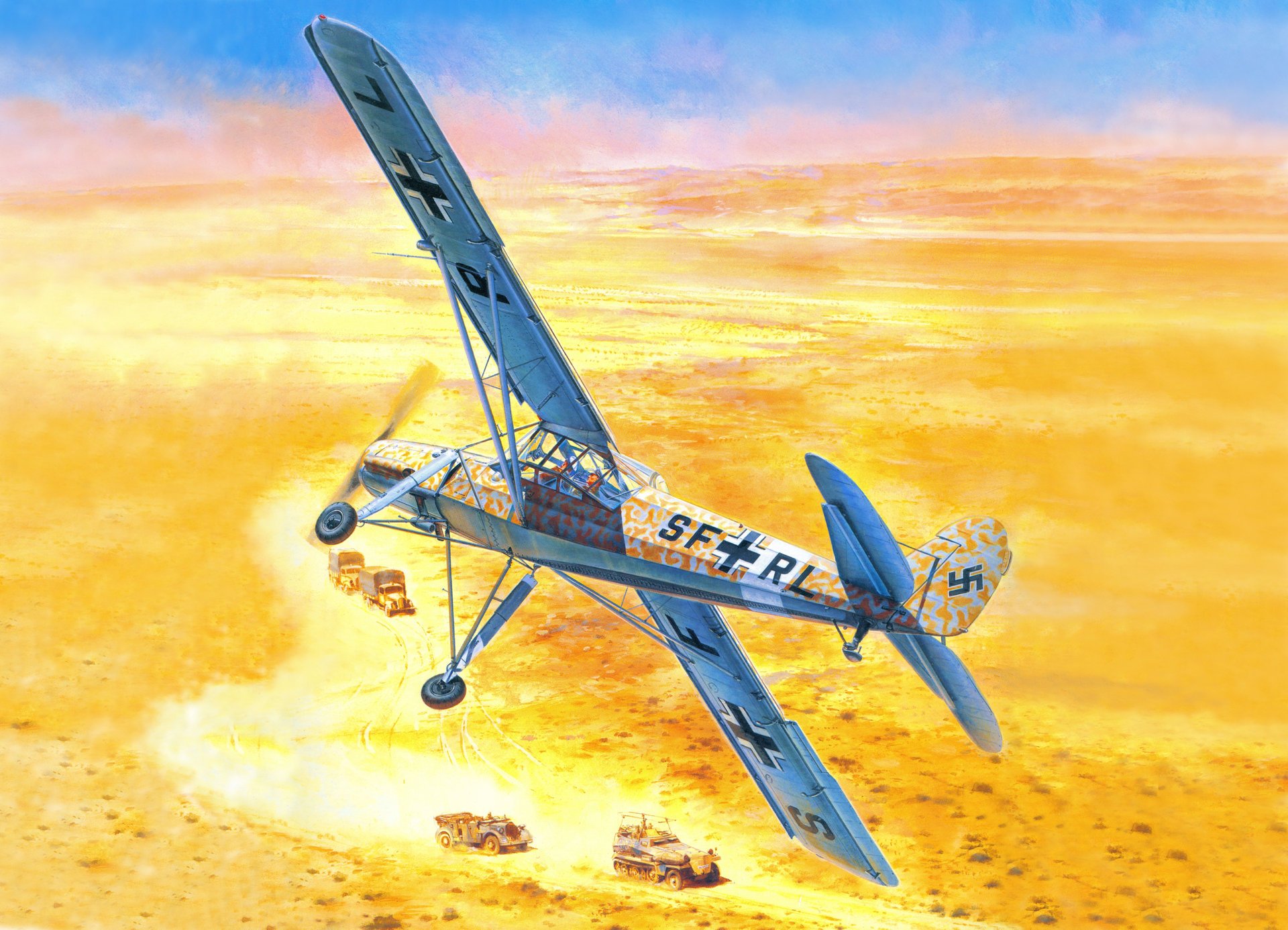 arte áfrica desierto columna vehículos blindados cielo fizeler internet 156 tormenta pequeño alemán avión ww2 dibujo