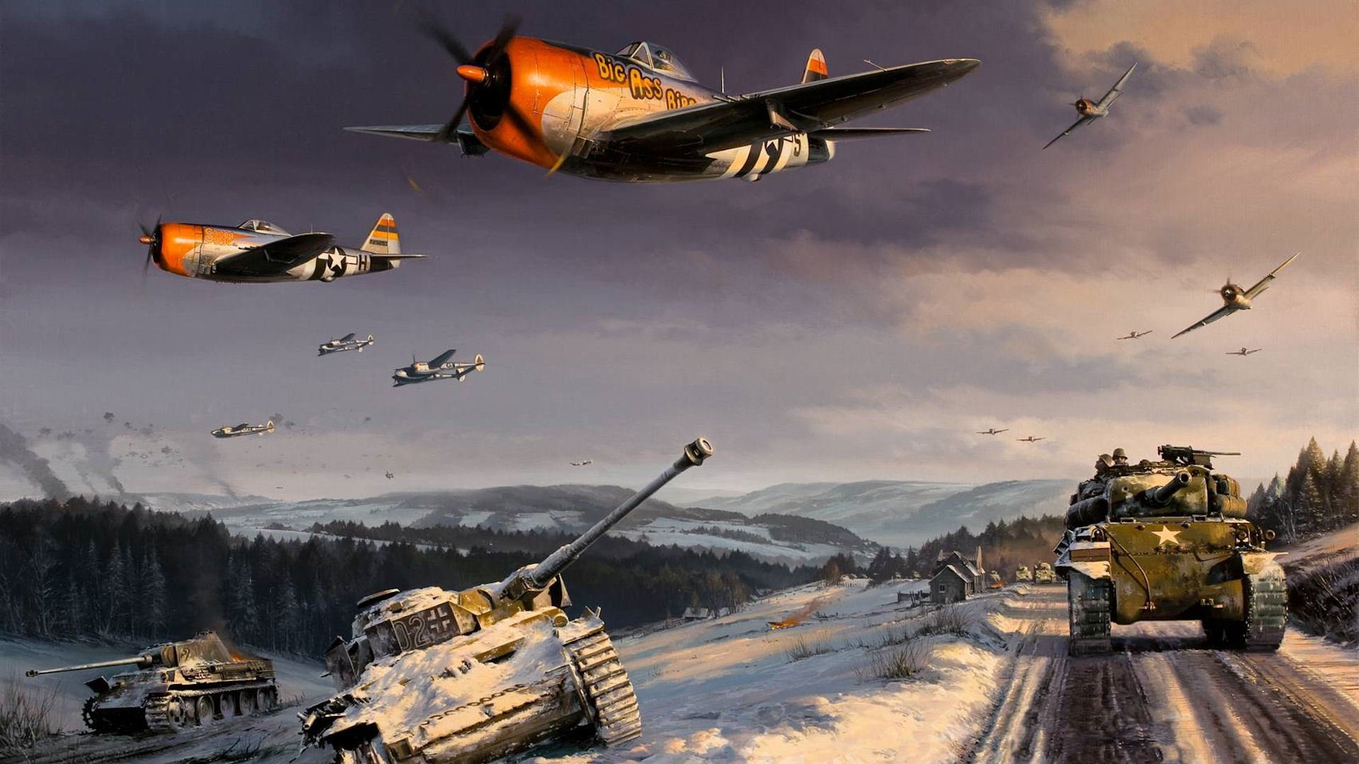 p47 thunderbolt p38 fulmine seconda guerra mondiale battaglia delle ardenne sherman arte disegno