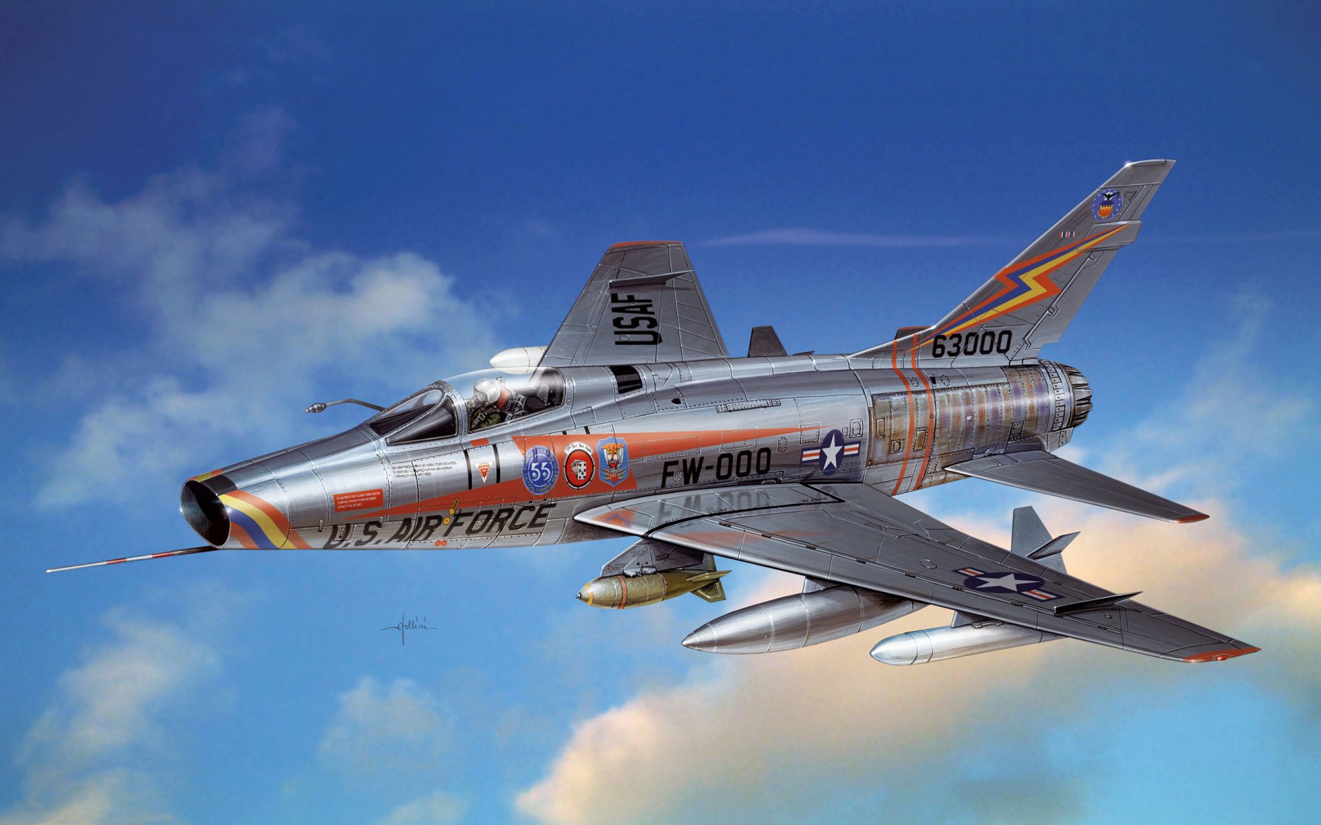 art samolot north american f-100 super sabre amerykański pojedynczy pojedynczy silnik naddźwiękowy myśliwiec przechwytujący bombowiec zwiadowca pierwszy na świecie seryjny us air force