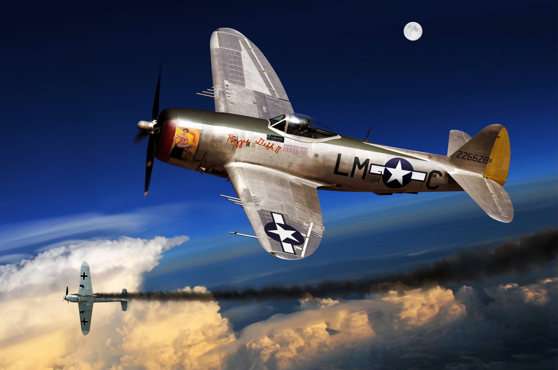 arte aereo p-47 d thunderbolt fighter bomber battaglia nel cielo nemico abbattuto usaf ww2