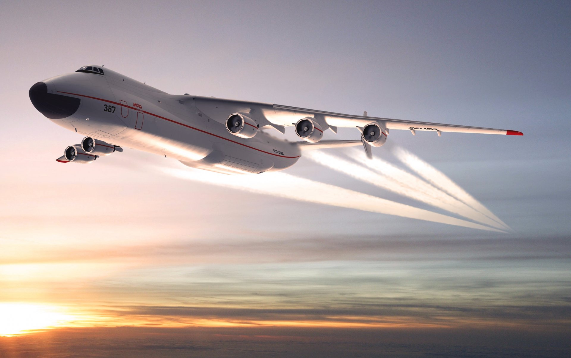 antonov an 225 mriya cosaque avion à réaction avion dans l air nuages ciel urss coucher de soleil