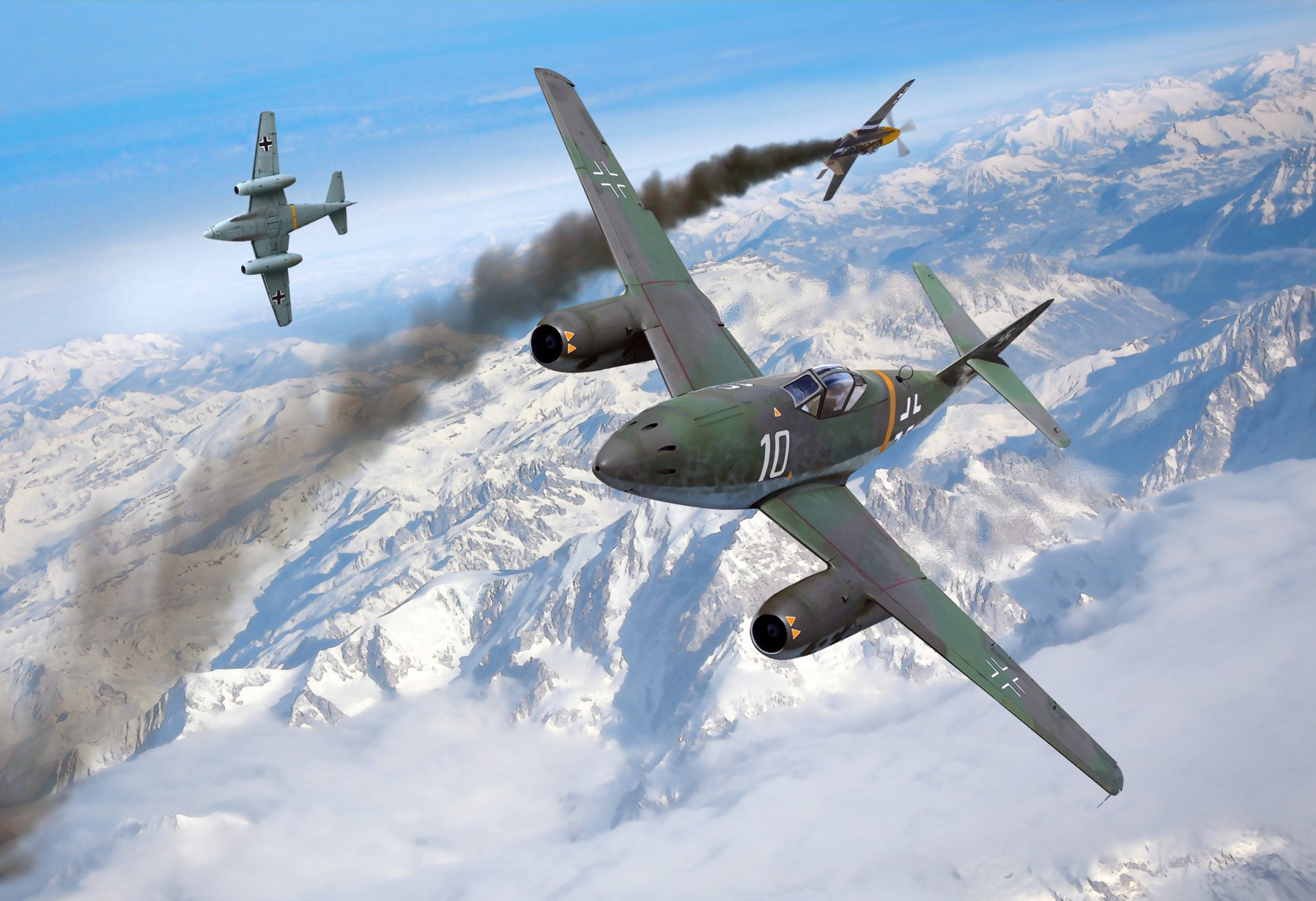 art guerre aérien combat messerschmitt me262 allemand jet combattants abattu p-51 mustang américain combattant montagne neige ww2 figure