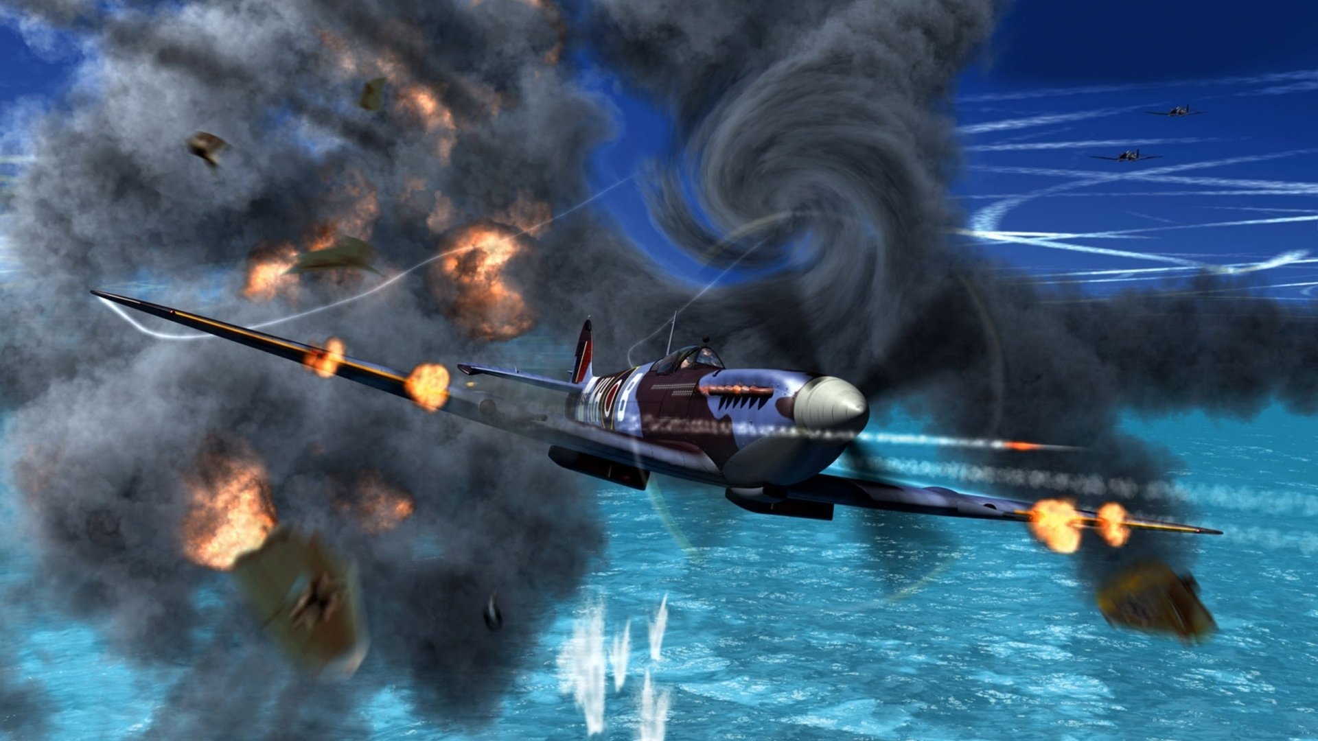 art sky dogfight uk fighter spitfire shots explosion fire smoke ww2 picture