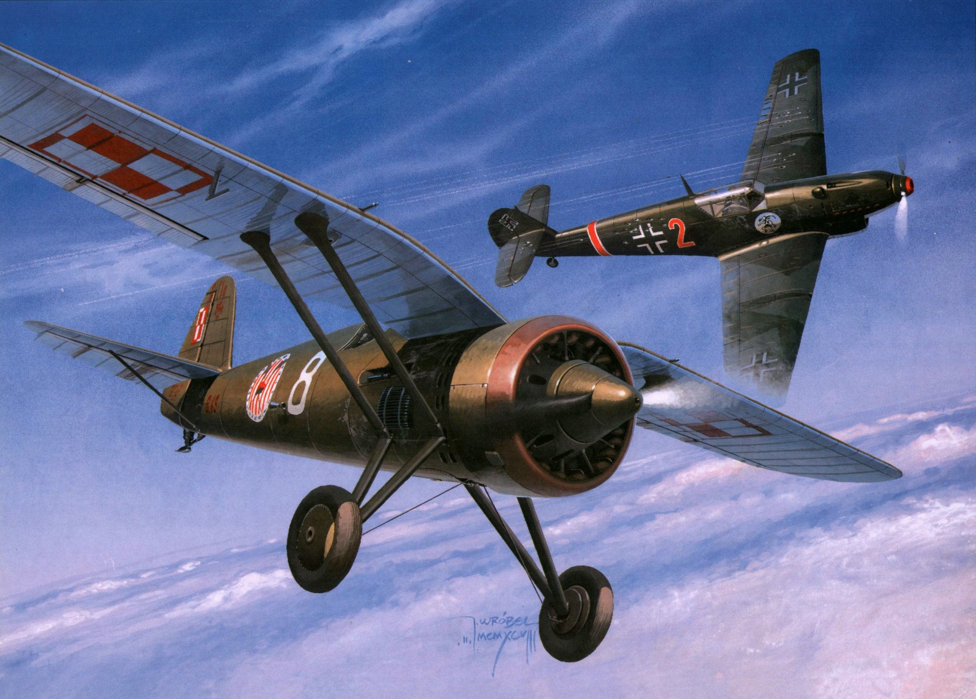 art sky dogfight pzl p.11 poland single-engined monoplane fighter and messerschmitt bf.109d-1 german fighter ww2 picture