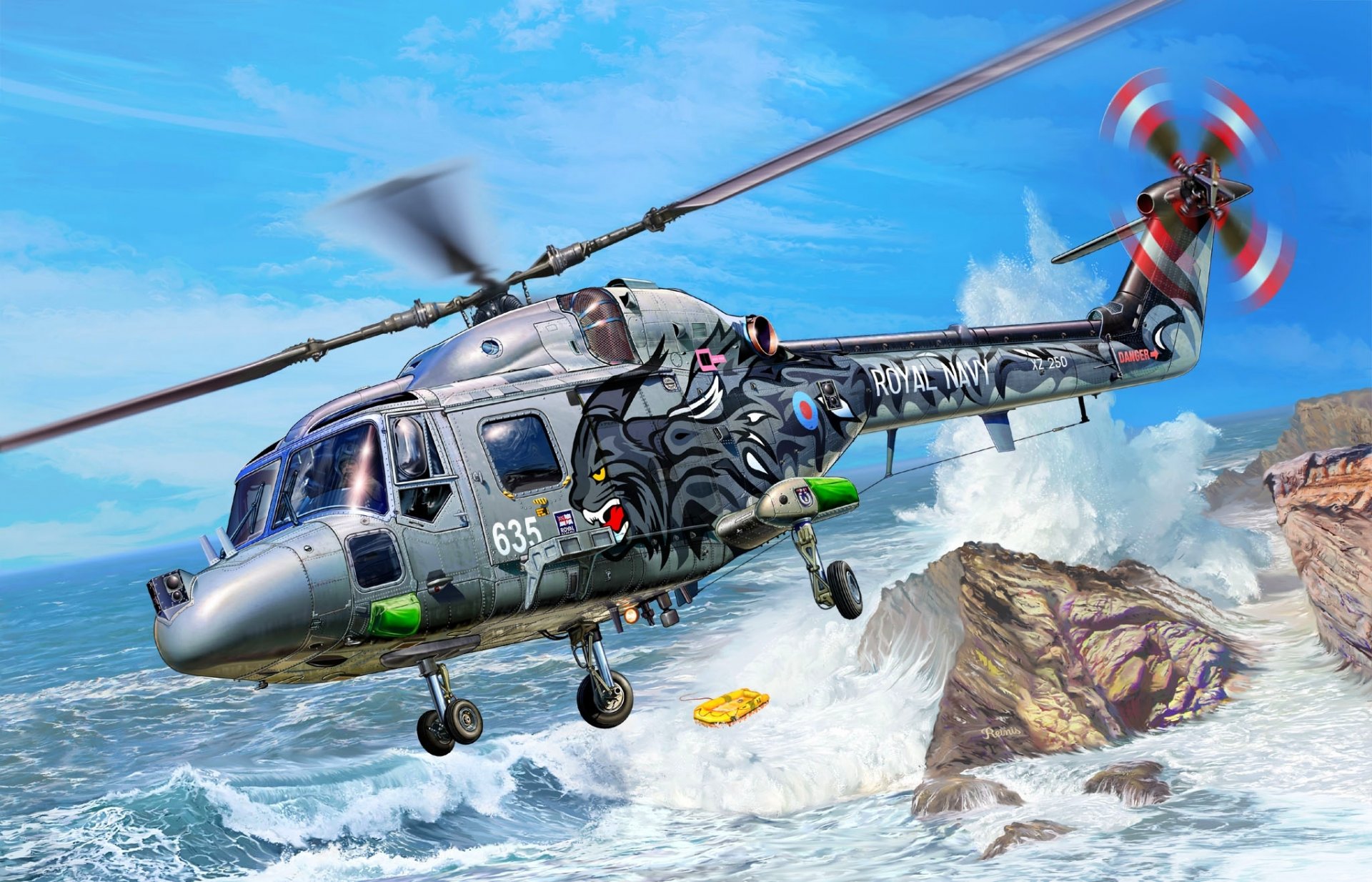 figura michal reinis rocce onde scialuppa di salvataggio britannico multiuso westland lynx has.3 royal navy