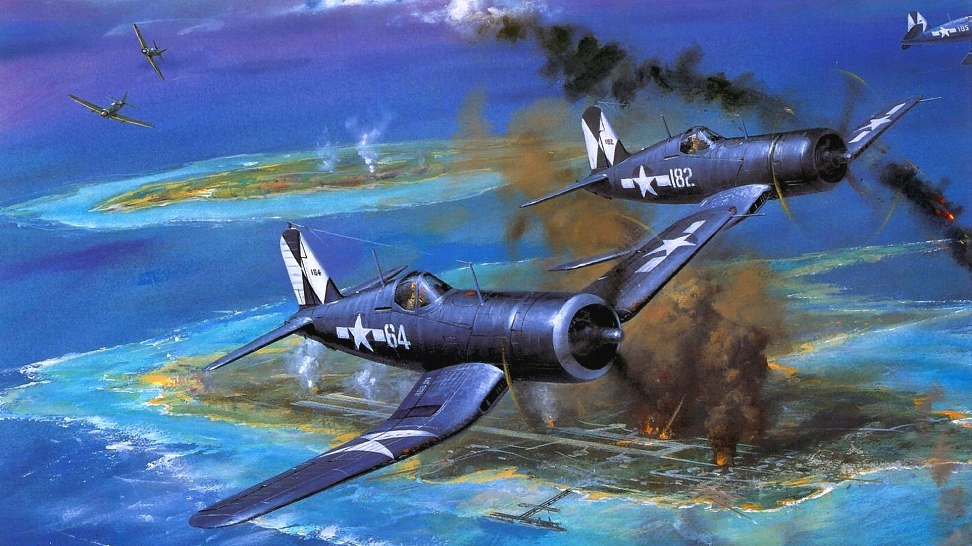 arte cielo f4u corsaro americano monoposto aerei da combattimento isola campo d aviazione fuoco fumo ww2 figura