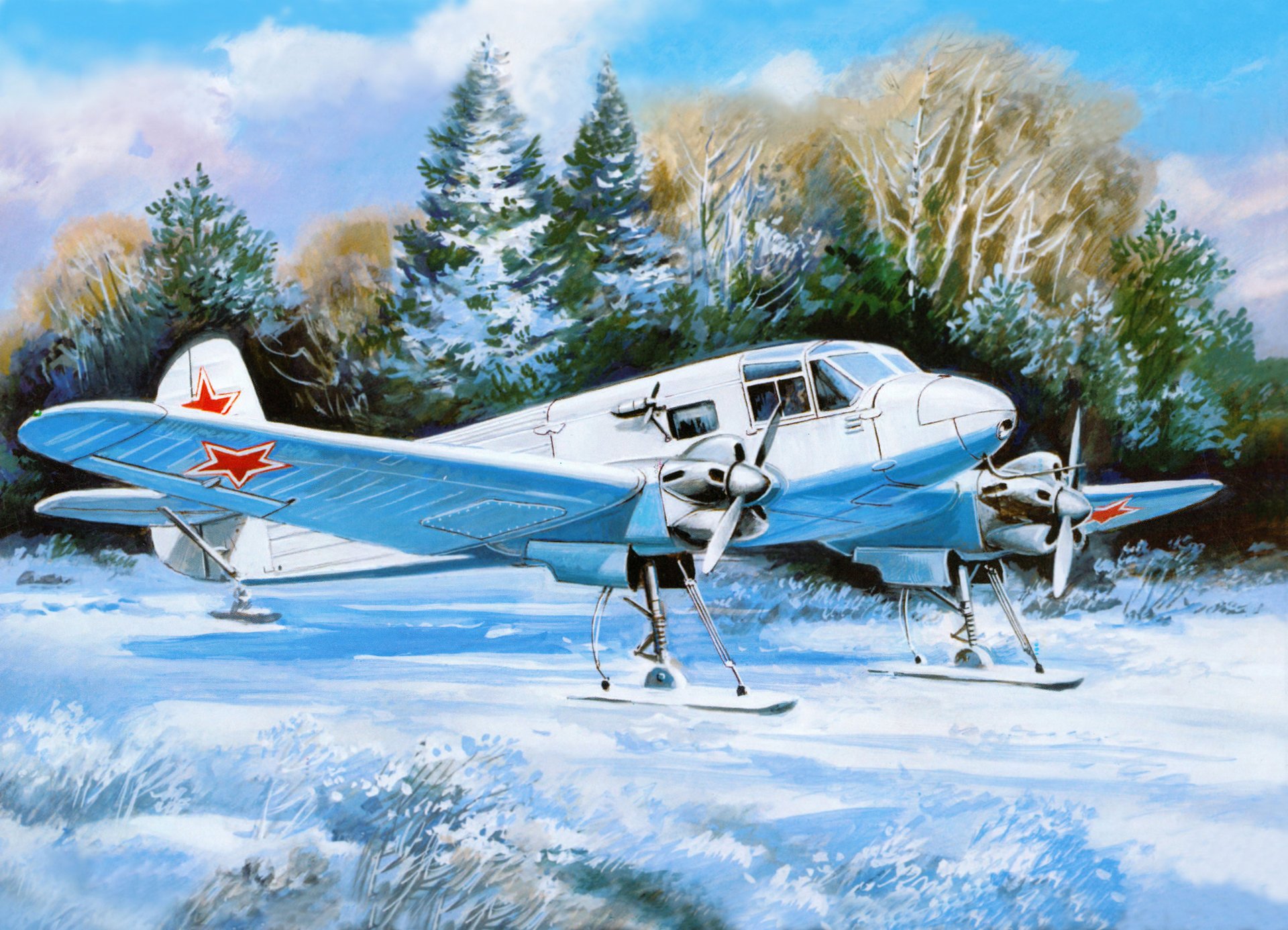 art inverno neve campo d aviazione yak-6m aereo da trasporto sovietico sugli sci